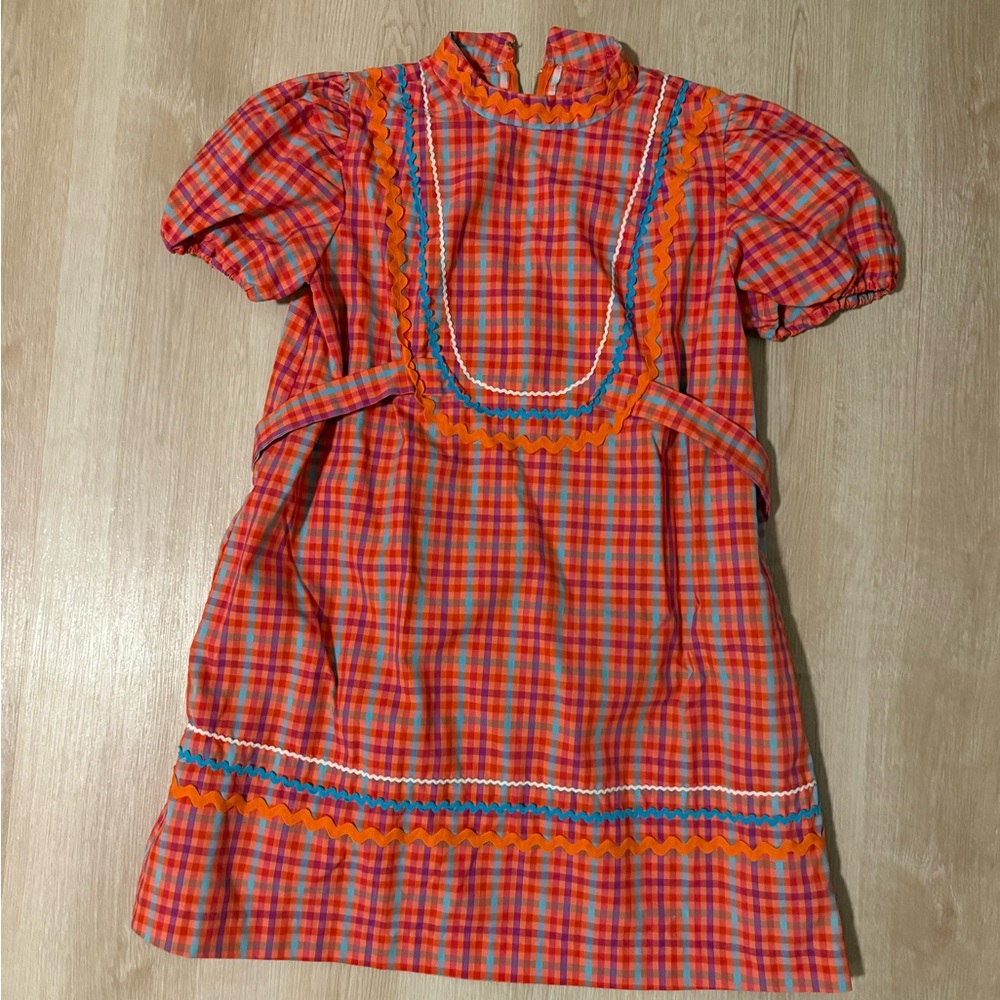 Vintage Orange Plaid Ruffle Bib Dress